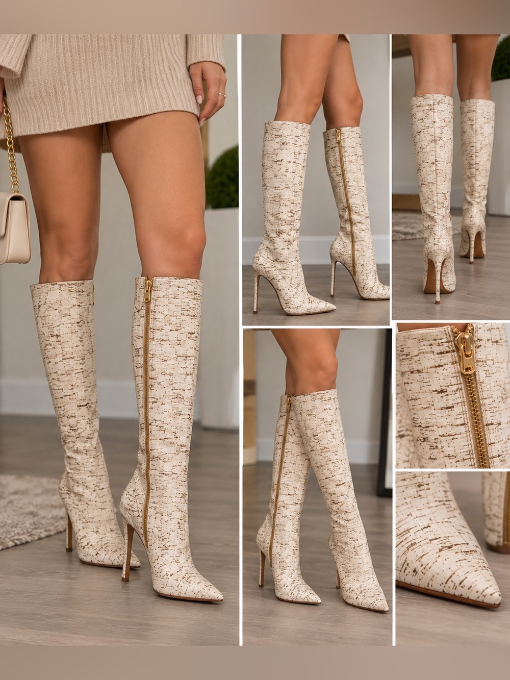 YEVRAH White Cork Print Knee High Stiletto Boots Size 38.5 (fits like a US 7.5)